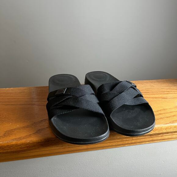 FITFLOP BLACK MIX iQUSHION MULTI STRAP SLIDES SANDALS SHOES SIZE 10 - Picture 2 of 7